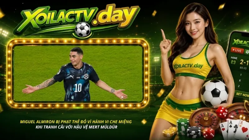 Miguel Almiron bị phạt thẻ đỏ vì hành vi che miệng khi tranh cãi với hậu vệ Mert Müldür